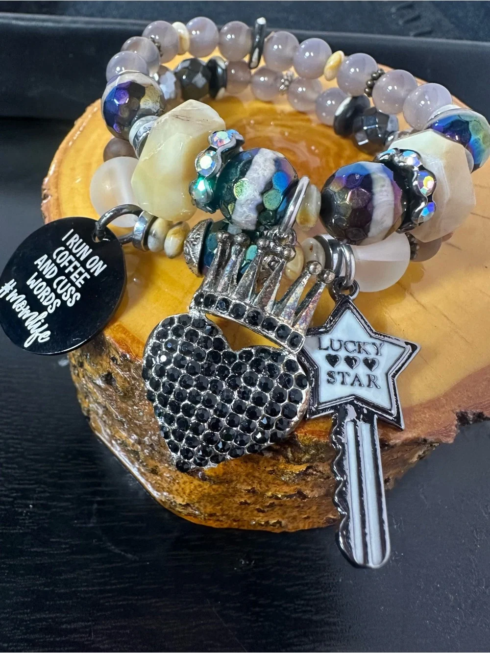 Beaded Charm Bracelet Set with Black Crystal Heart and Key Charms - Gray Purple